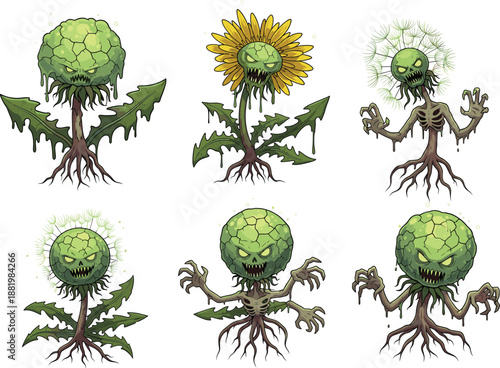 Set of creepy zombie plants with skull faces and roots, horror botanical monsters for Halloween, fantasy games, stickers, posters and spooky illustration packs