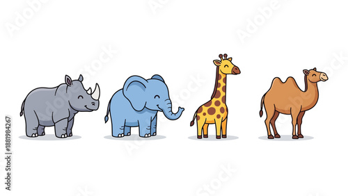 Cute Cartoon African Animals Collection Isolated on White Background.