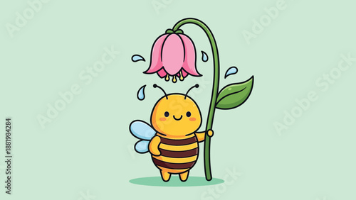 Cute Cartoon Bee Hiding Under a Pink Flower.