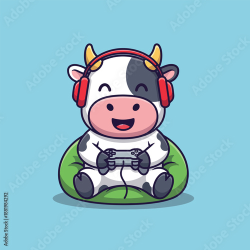 Cute cartoon cow playing video games with headphones.