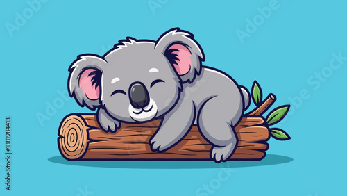 Cute cartoon koala sleeping peacefully on a wooden log illustration.