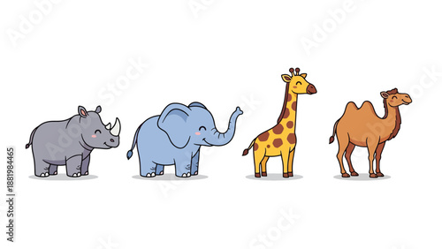 Cute cartoon safari animals standing in a row including rhino elephant giraffe and camel characters.