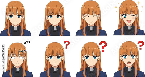 Anime priest character expressions, orange hair sprite sheet, cute emotion icon set, manga reaction bundle, clerical outfit design, animation asset