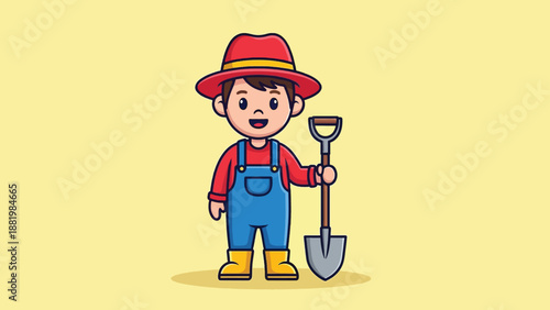 Cute Little Farmer Boy Holding Shovel Cartoon Illustration.