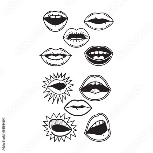 Expressive Hand-Drawn Lips Collection in Black and White Line Art