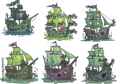 Set of spooky pirate ghost ships with skull flags, torn sails and slime, cartoon horror sea vessels for Halloween, games, stickers and fantasy illustration