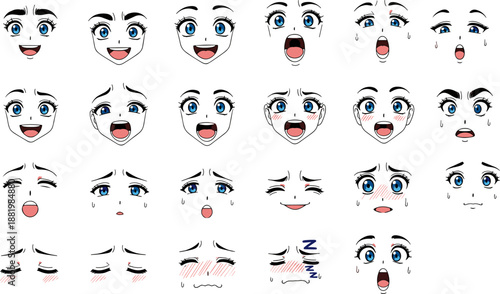 Anime facial expression grid, blue eyes emotion chart, 25 manga face icons, cartoon reaction set, character design reference sheet