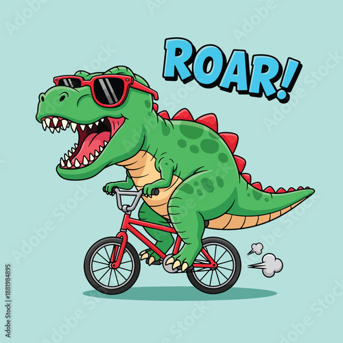 Funny Cartoon TRex Dinosaur Riding a Bicycle Wearing Sunglasses.