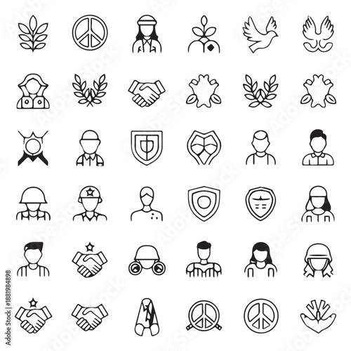 Collection of peace protest and solidarity symbols in minimalist line art style
