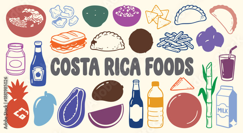 A hand drawn vector collection of Tunisia food icons with couscous, brik and shakshuka in pink doodle style for a restaurant menu, North African travel guide and Mediterranean culinary art.