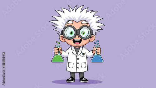 Happy Cartoon Scientist Holding Beakers.