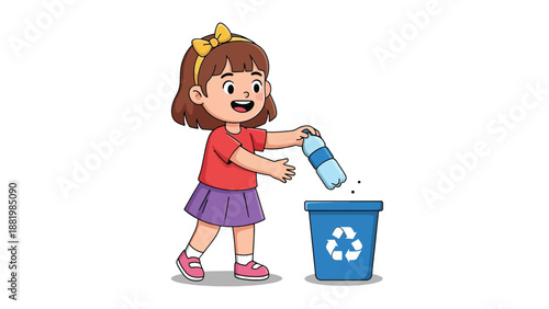 Little girl recycling plastic bottle into blue bin.