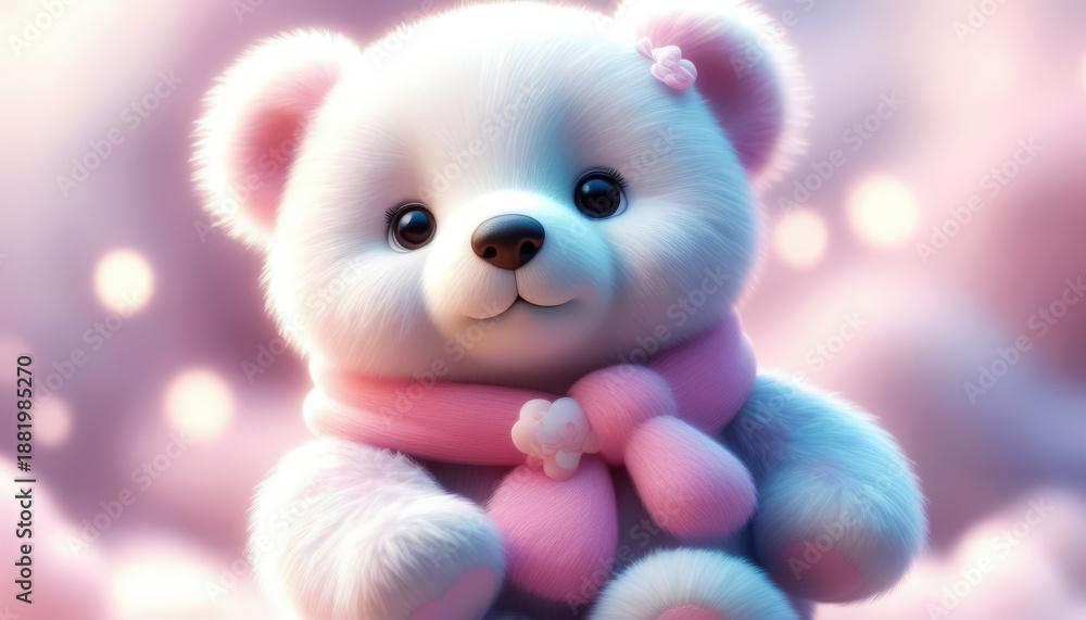 Fototapeta premium A cute teddy bear in pastel colors is seated, wearing a pink scarf. The soft background complements the bears fluffy texture and adds a dreamlike quality to the scene.