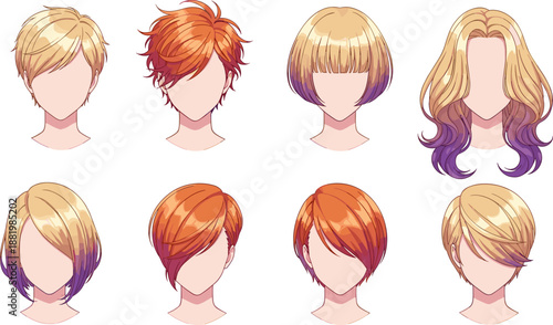 Anime hairstyle icon set, cartoon hair design sheet, colorful character styles, gradient haircuts, vector sprite bundle, manga head variations