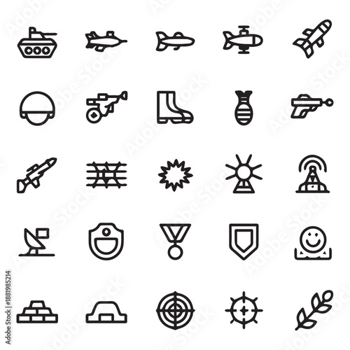 Collection of various black and white linear icons depicting different objects
