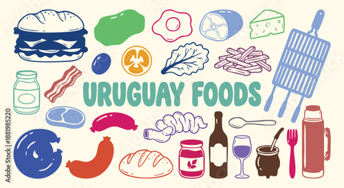 A hand drawn vector collection of Uruguay food icons with asado, chorizo and wine in colorful doodle style for a restaurant menu, travel guide and South American culinary art illustration.