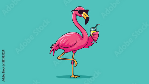 Pink Flamingo Wearing Sunglasses Holding a Cocktail.