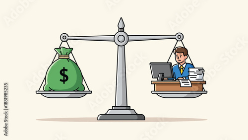 Money bag and businessman on a balance scale representing worklife balance.