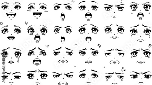 Anime facial expression grid, stylized emotion icon set, 30 manga face variations, cartoon reaction bundle, character design reference sheet