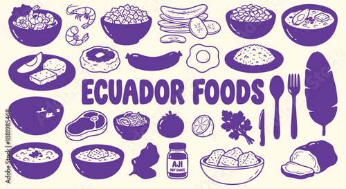 A hand drawn vector collection of Bolivia food icons with saltenas, silpancho and corn in brown doodle style for a restaurant menu, South American travel guide and traditional culinary art.