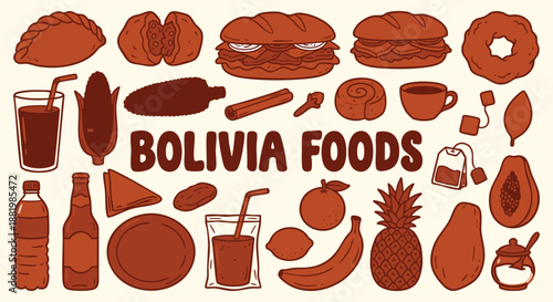 A hand drawn vector collection of Ecuador food icons with ceviche, encebollado and tropical fruits in purple doodle style for a restaurant menu, travel brochure and South American branding.