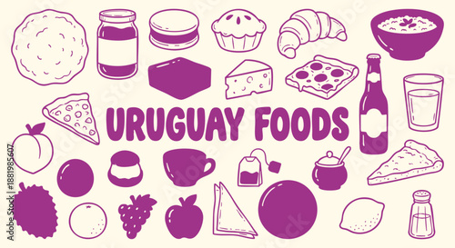 A hand drawn vector collection of Uruguay food icons featuring chivito, mate and dulce de leche in purple doodle style for a restaurant menu, travel guide and South American culinary branding.