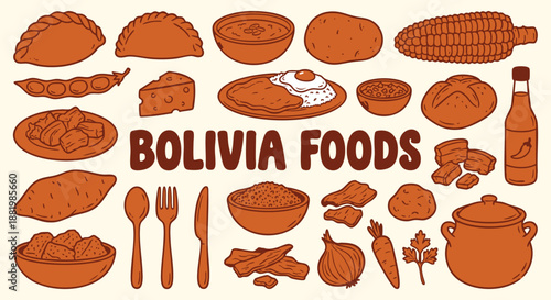 Bolivia Foods Icon Set. South American Cuisine. A hand drawn vector collection of salteñas, silpancho, corn, potatoes and soup for a restaurant menu, travel guide, and traditional culture.