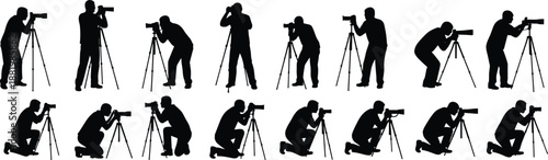 Photographer Silhouette Collection with Camera and Tripod, Various Professional Shooting Poses Illustration for Photography, Media, Journalism, Studio, and Creative Industry Concepts