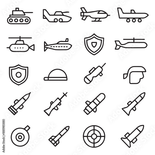 A collection of military vehicle and equipment icons in simple line art style