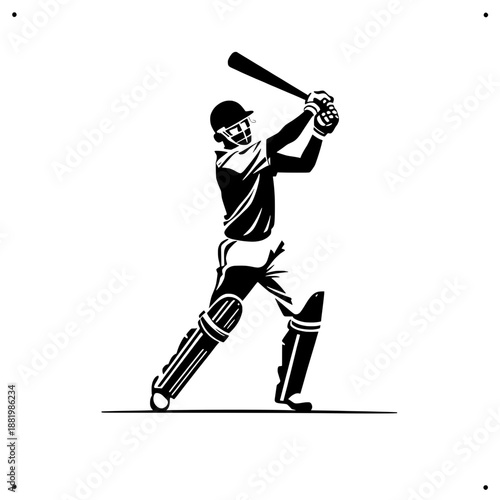 Cricket batsman silhouette illustration showing a player hitting the ball with bat in a dynamic sports action pose isolated on white background