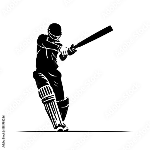 Cricket batsman silhouette illustration of a player playing a batting shot with protective gear in a strong sports action pose isolated on white background