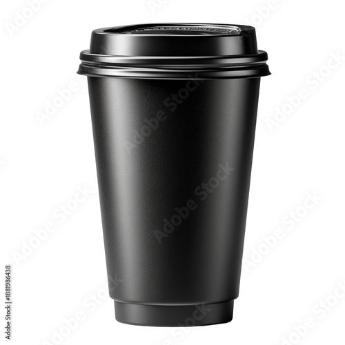 An elegant, textured black paper coffee cup with a matching shiny black plastic lid is presented in a studio setting