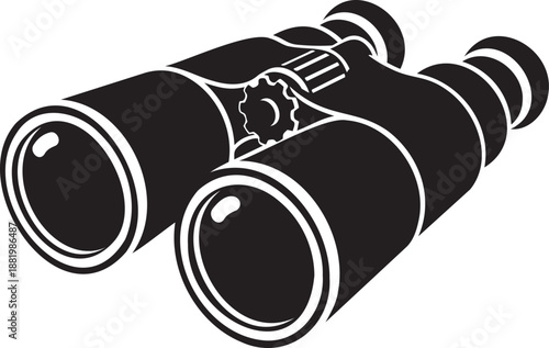 A classic black and white vector illustration depicts a pair of binoculars for distant observation.