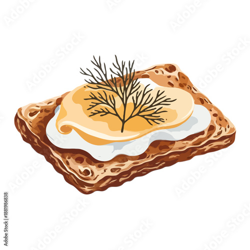 Delicious rye bread with cream cheese and dill isolated on white background, Vector, illustration