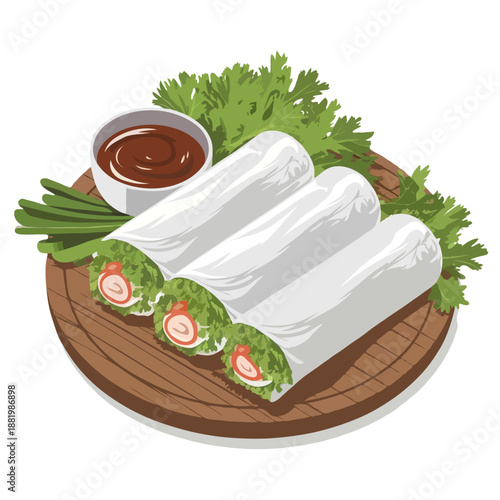 Fresh spring rolls with dipping sauce isolated on white background, Vector, illustration