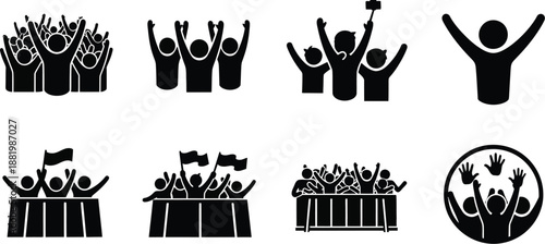 Set of People dancing, spot fans flat design. Concert celebration crowd silhouette icons vector illustration. 