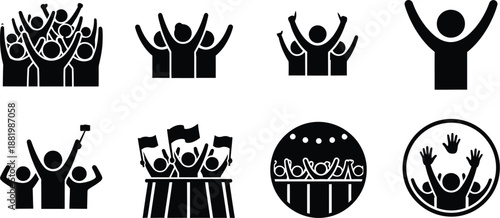 Set of People dancing, spot fans flat design. Concert celebration crowd silhouette icons vector illustration. 