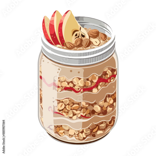 Apple and nut overnight oats in a jar isolated on white background, Vector, illustration