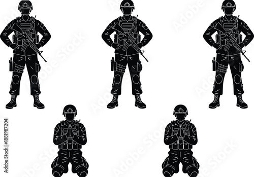 Special Forces Soldier Silhouette Set with Tactical Gear, Armed Military Personnel Standing and Kneeling Combat Poses Black Vector Illustration Collection