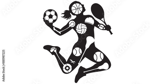 Black And White Silhouette Illustration Of A Female Athlete Composed Of Multiple Sport Symbols Representing Women's Athletics, Diversity And Active Lifestyle
