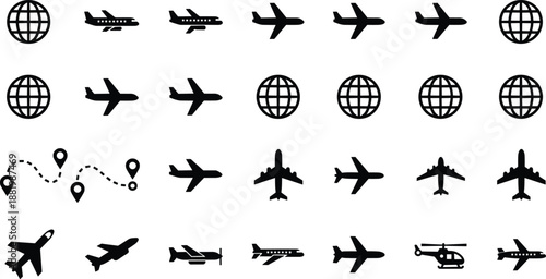 Air Travel and Aviation Icon Set with Airplanes, World Globes, Flight Routes, Helicopter and Transport Symbols Vector Illustration Collection
