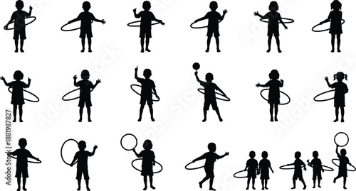 Children Hula Hoop Silhouette Vector Set with Kids Playing Poses, Active Playtime, Sports Exercise Figures Isolated Black Illustration Collection
