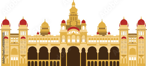 Detailed illustration of the famous Mysore Palace in Karnataka India, a historic royal residence with red domes and arches, representing Indo-Saracenic architecture.