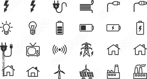 Electric Power and Energy Icon Set with Battery, Plug, Lightning, Solar, Wind, Factory and Home Symbols Minimal Line Vector Illustration