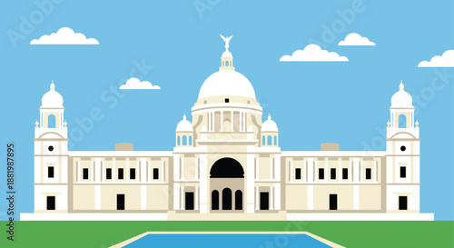 Historic Victoria Memorial Hall building featuring white marble architecture with large dome representing famous British colonial landmark and travel destination of Kolkata West Bengal.