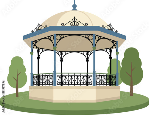 Elegant victorian style garden gazebo structure with decorative iron railings and dome roof standing on green grass representing peaceful outdoor park scenery and summer relaxation spot.