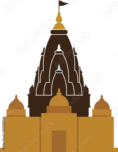 Traditional Indian Hindu temple building with a prominent central shikhara tower, smaller attached halls, and a flag on top, depicting ancient religious architecture.