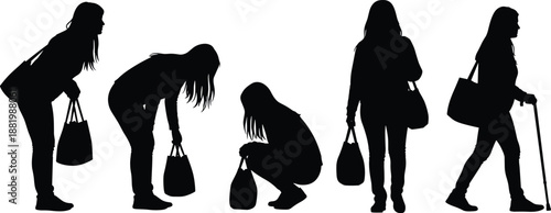 Female silhouettes showing back pain and fatigue, women carrying heavy bags, health problem, posture issues, daily struggle concept isolated on white
