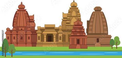 Ancient Hindu temple complex featuring traditional Indian religious monuments and sacred spiritual towers representing historic cultural heritage and famous landmarks of incredible India.