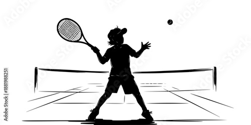 A junior tennis player (child) with an oversized racket, hitting a ball, family sport theme.